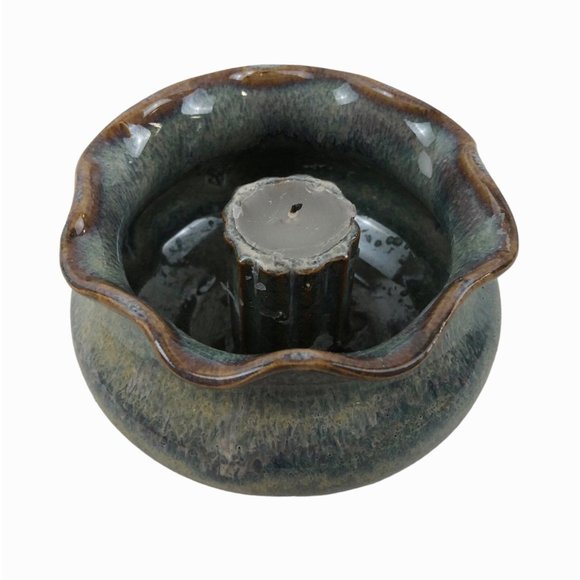 Studio Pottery Single Candlestick Holder Bowl Blue Fluted Edge Hand Signed BAY - Picture 8 of 10